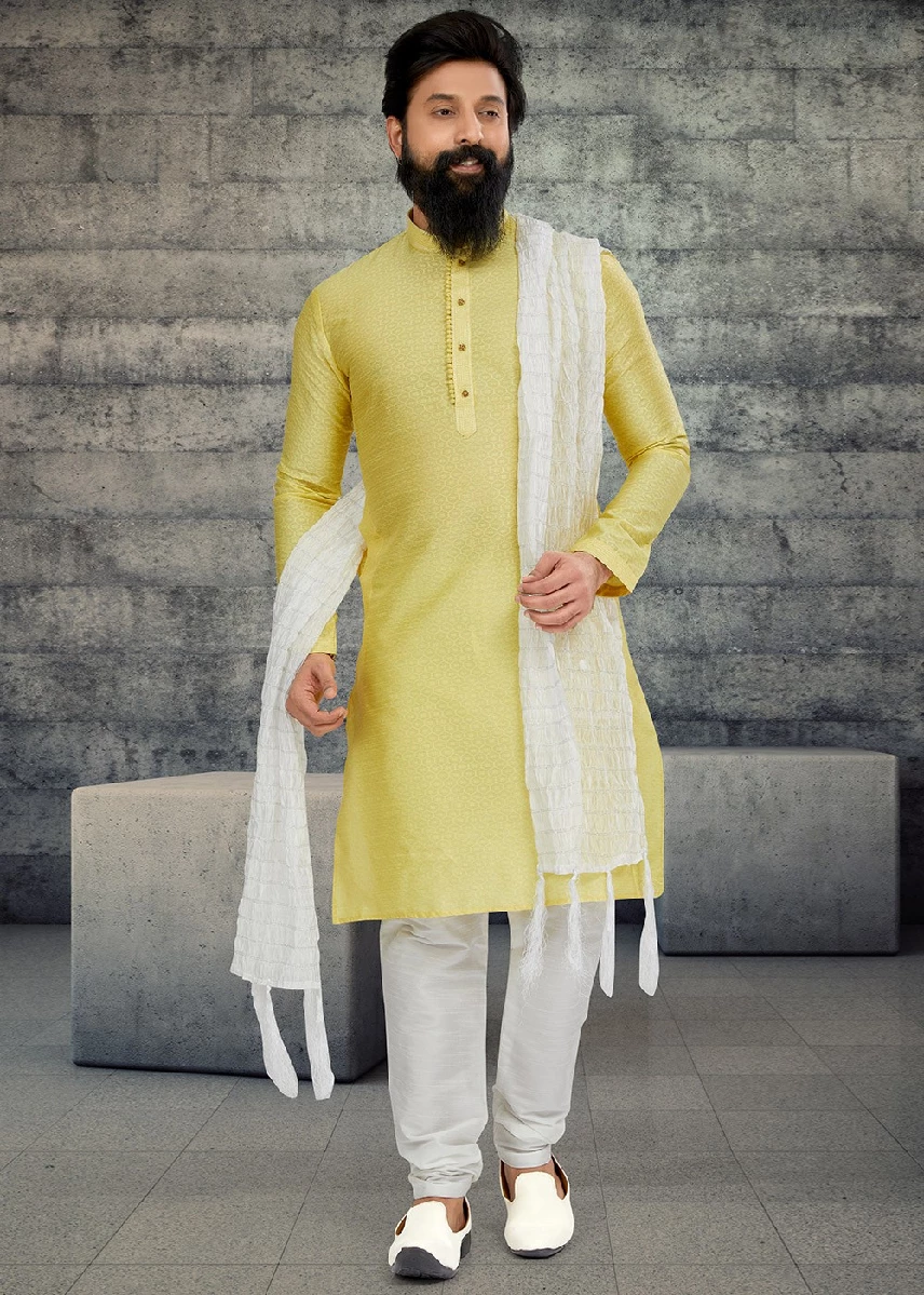 Yellow Jacquard Mens Kurta Pajama, 40-1.webp